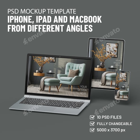 PSD mockups. Iphone, iPad and MacBook from different angles