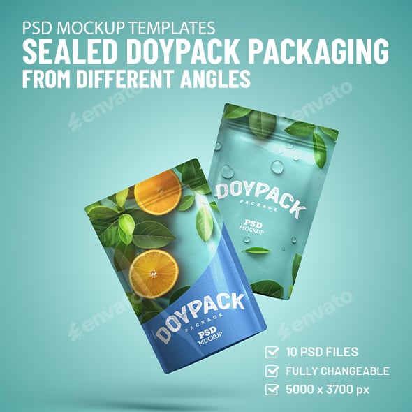Set of 3D-rendered mockup templates for glossy, sealed doypack packaging