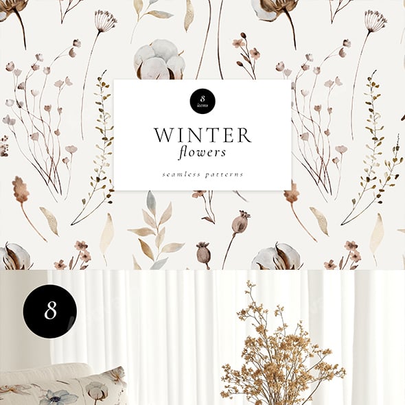 Winter Flowers Watercolor Seamless Patterns