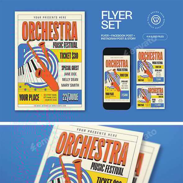 White Flat Design Orchestra Music Flyer Set