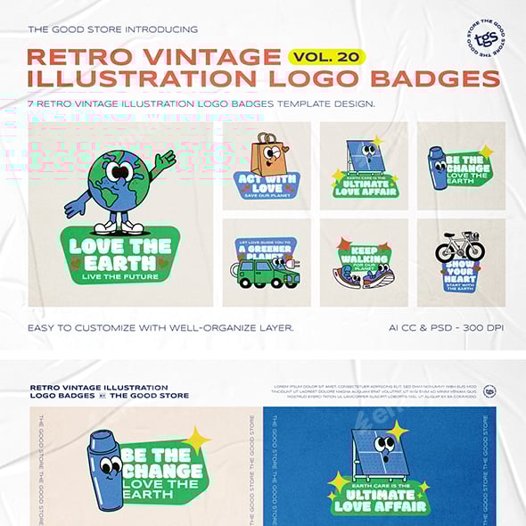 Retro Cartoon Eco-Friendly Logo Badges Vol. 20