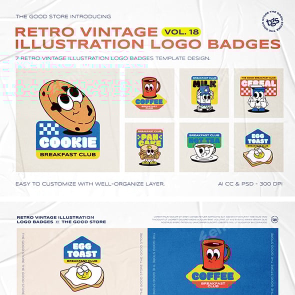 Retro Cartoon Breakfast Logo Badges Vol. 18