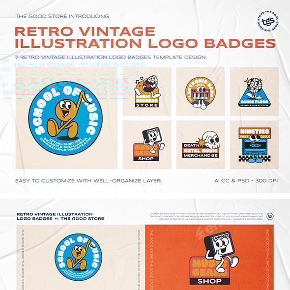 Retro Vintage Cartoon Music World Logo Badges Set