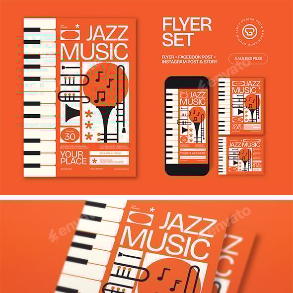 Orange Utilitarian Jazz Music Flyer Set