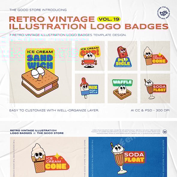 Retro Cartoon Ice Cream Logo Badges Vol. 19