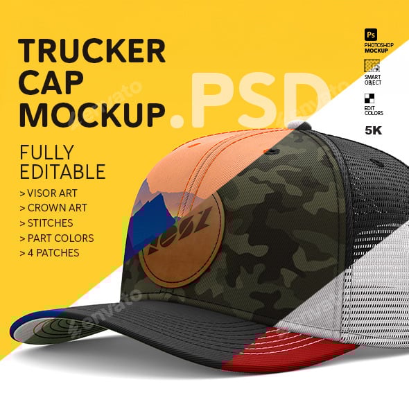 6-Panel Trucker Hat Mockup PSD – Editable Fabric, Stitching, and Smart Object Design