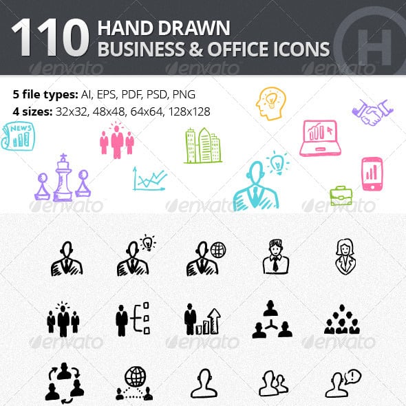 110 Hand-drawn Business and Office Icons