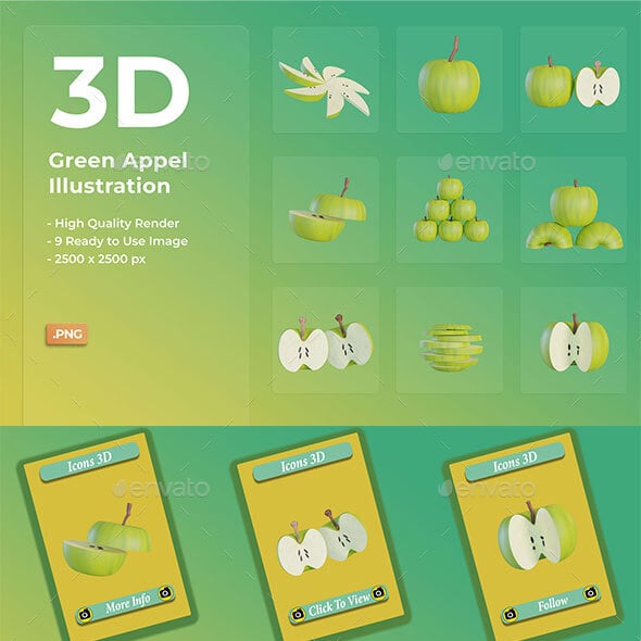 3D Green Apple Illustrations